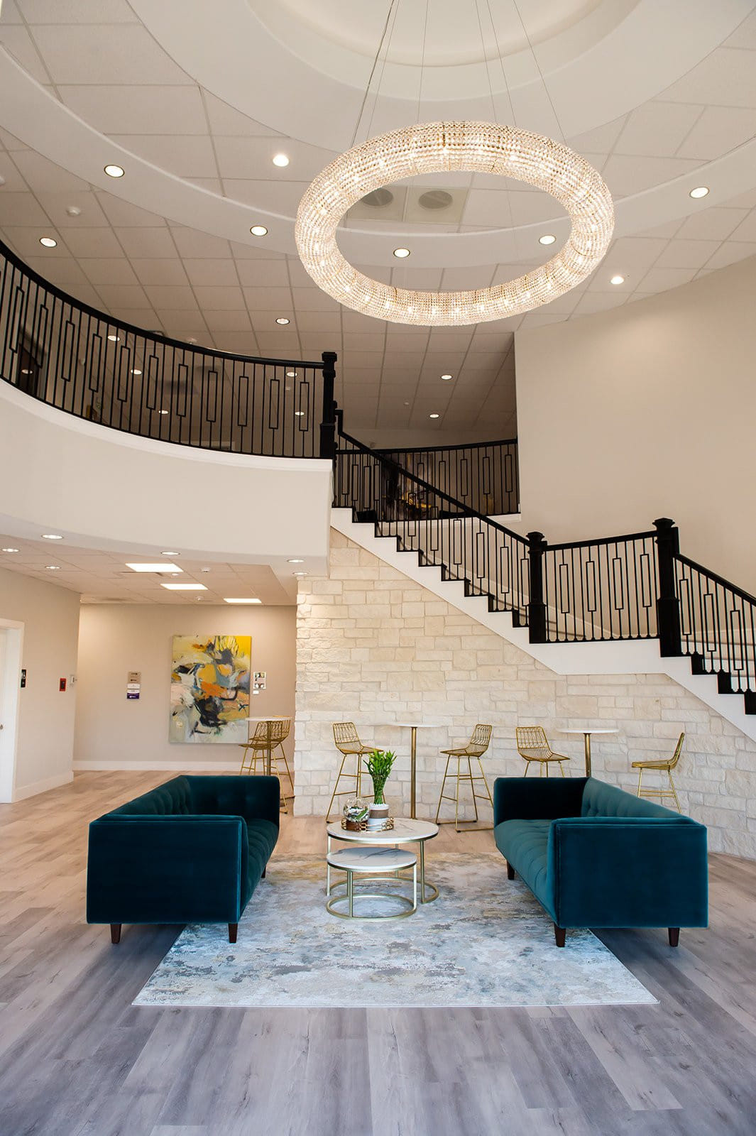 Bellevana lobby with crystal chandelier and elegant seating